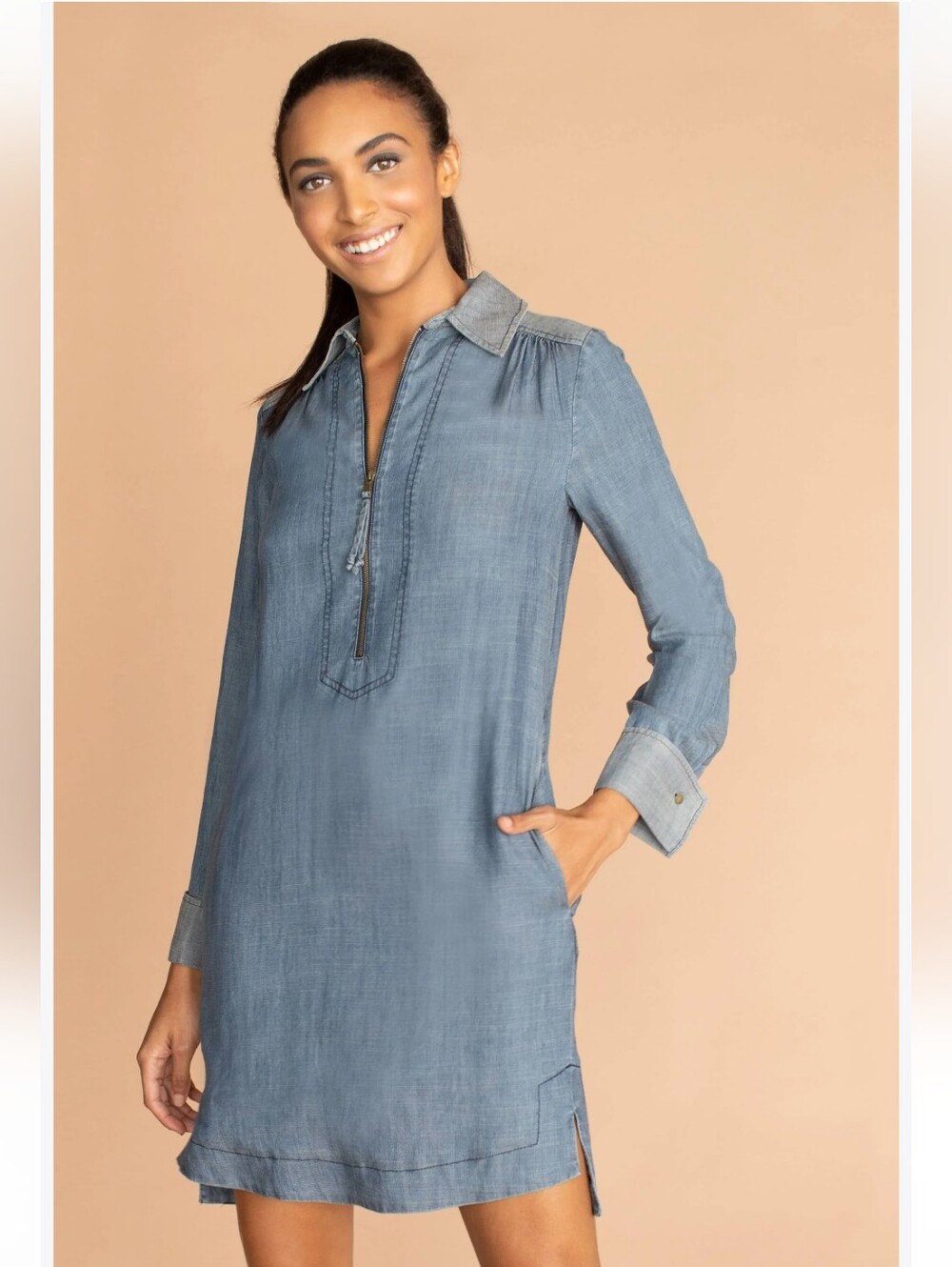 New Trina Turk Darya 2 Long Sleeve Chambray Mini Dress Size Small